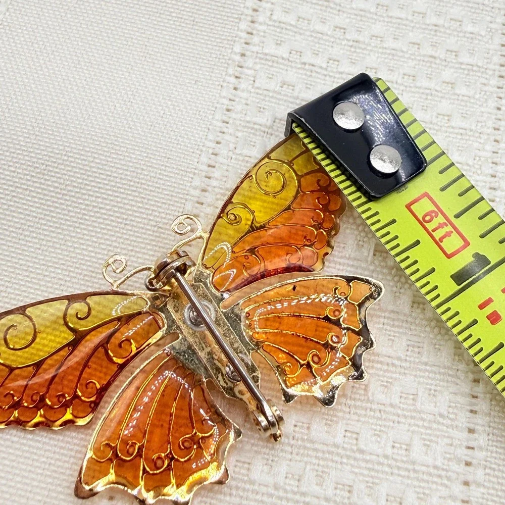 Vintage 70s Avon Orange Yellow Butterfly Wings w/ Stained Glass Effect Brooch